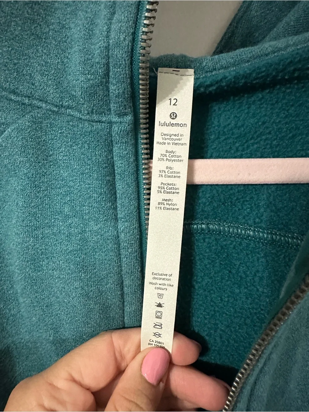 lululemon Teal Zip-Up Hoodie size 12